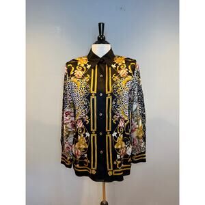 Linda Allard Ellen Tracy 100% Silk Baroque Floral Leopard Print Blouse Size 10